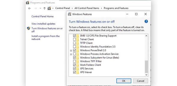 windows features settings