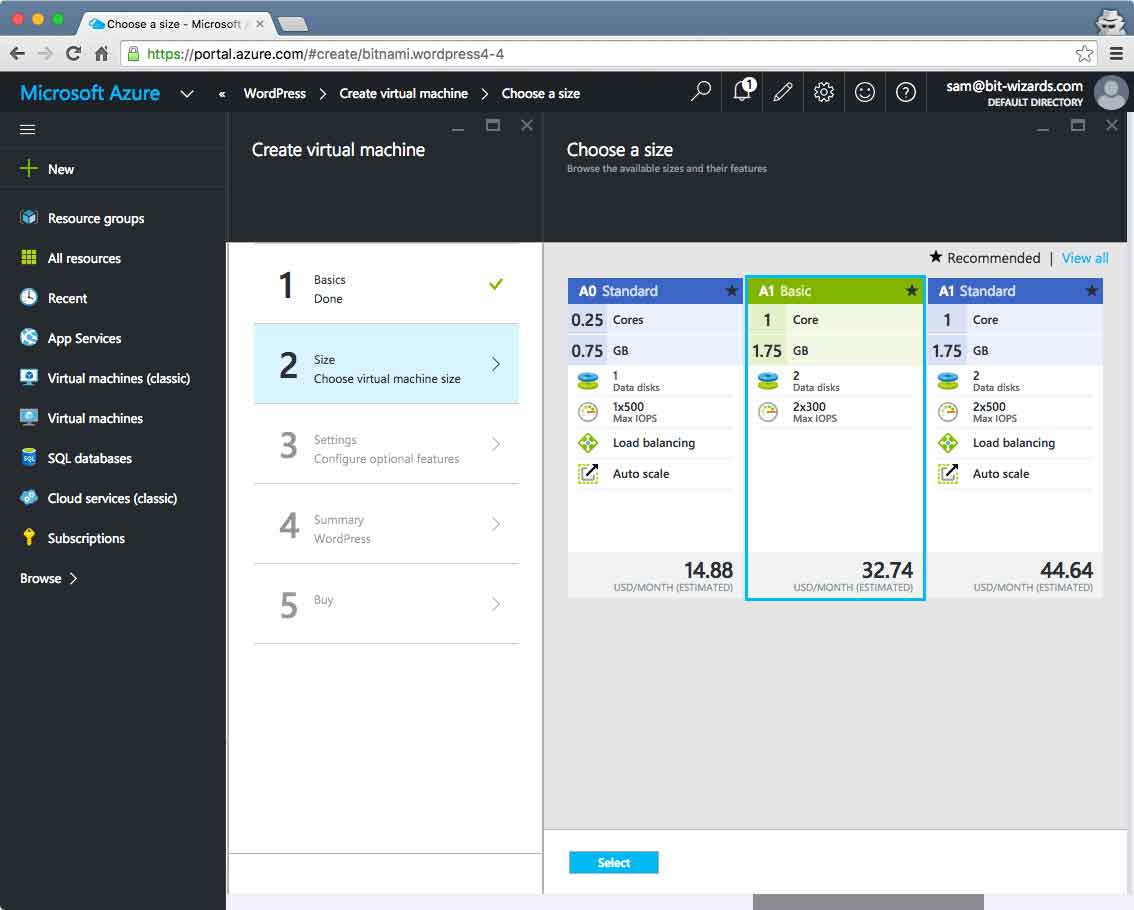 Azure configuration selection