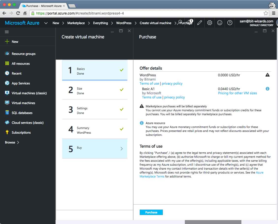 Azure server virtual machine purchase screen