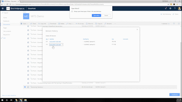versioning in SharePoint online