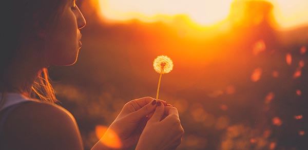 Child blowing dandelions